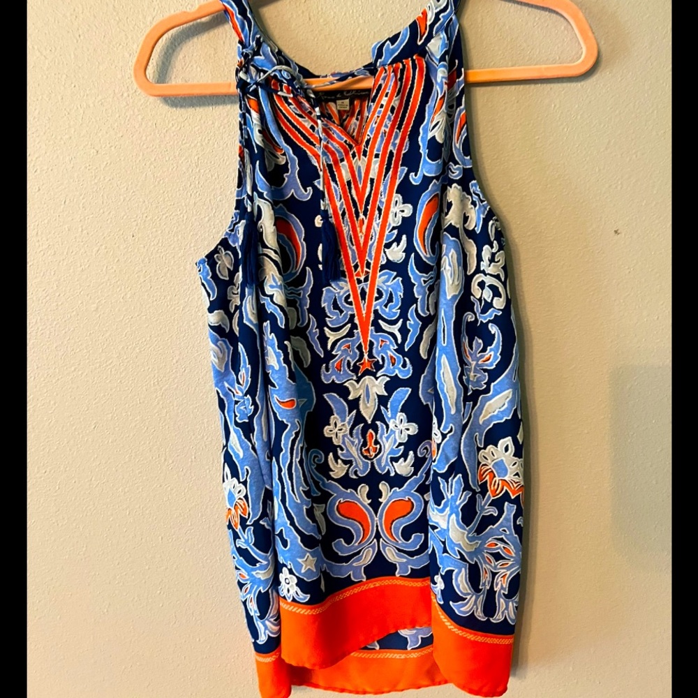 Blue and orange paisley sleeve less top